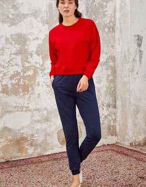 Kırmızı Basic Rahat Form O Yaka Kadın Sweatshirt - 97114