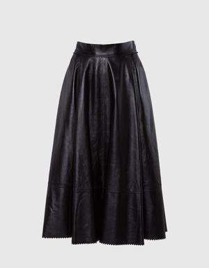 High Waist Stitch Detail Midi Length Leather Black Skirt