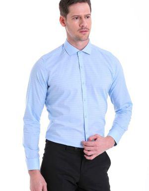 Mavi Desenli Slim Fit 100% Pamuk Açık İtalyan Yaka Uzun Kollu Gömlek