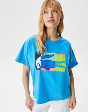 Kadın Loose Fit Bisiklet Yaka Baskılı Mavi T-Shirt