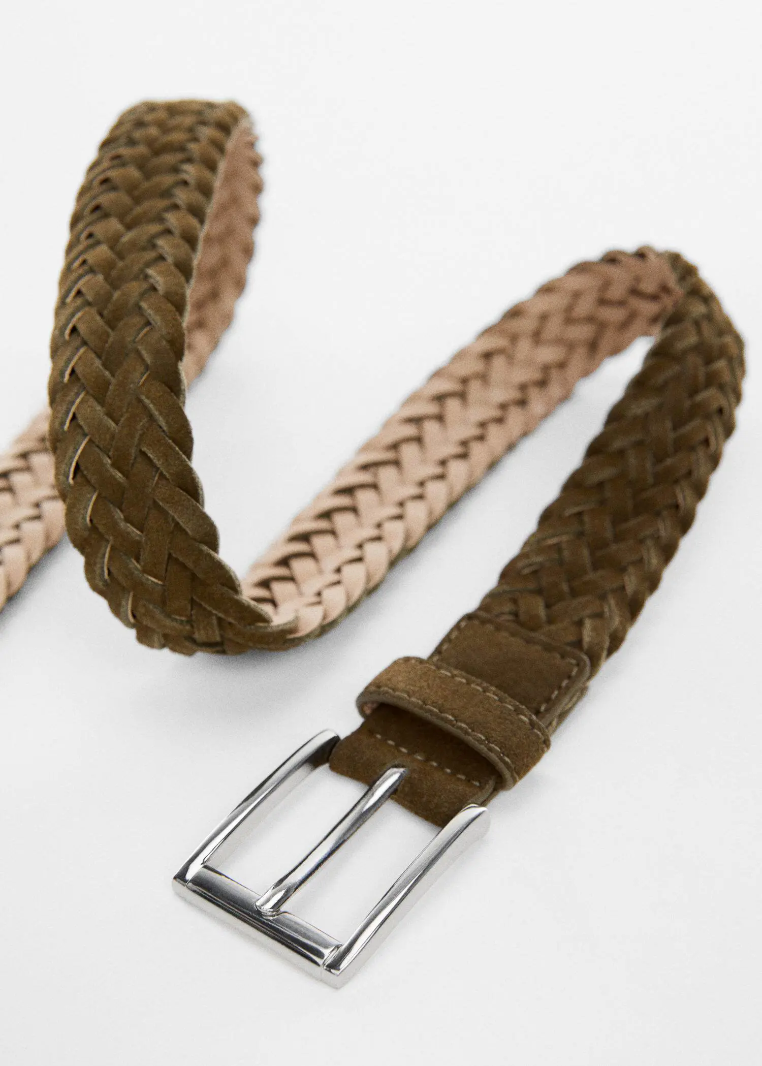 Mango Braided suede belt. a close-up of a brown and beige belt. 