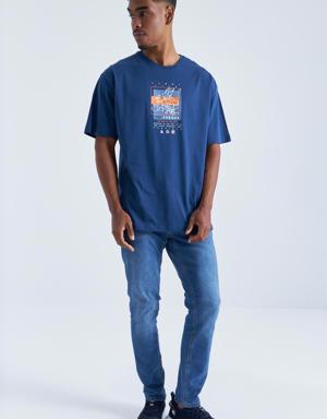 İndigo Baskı Detaylı O Yaka Erkek Oversize T-Shirt - 88094