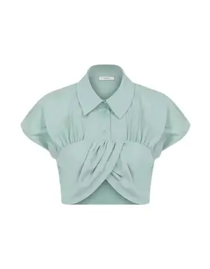 Mint Collared Pleated Cropped Blouse