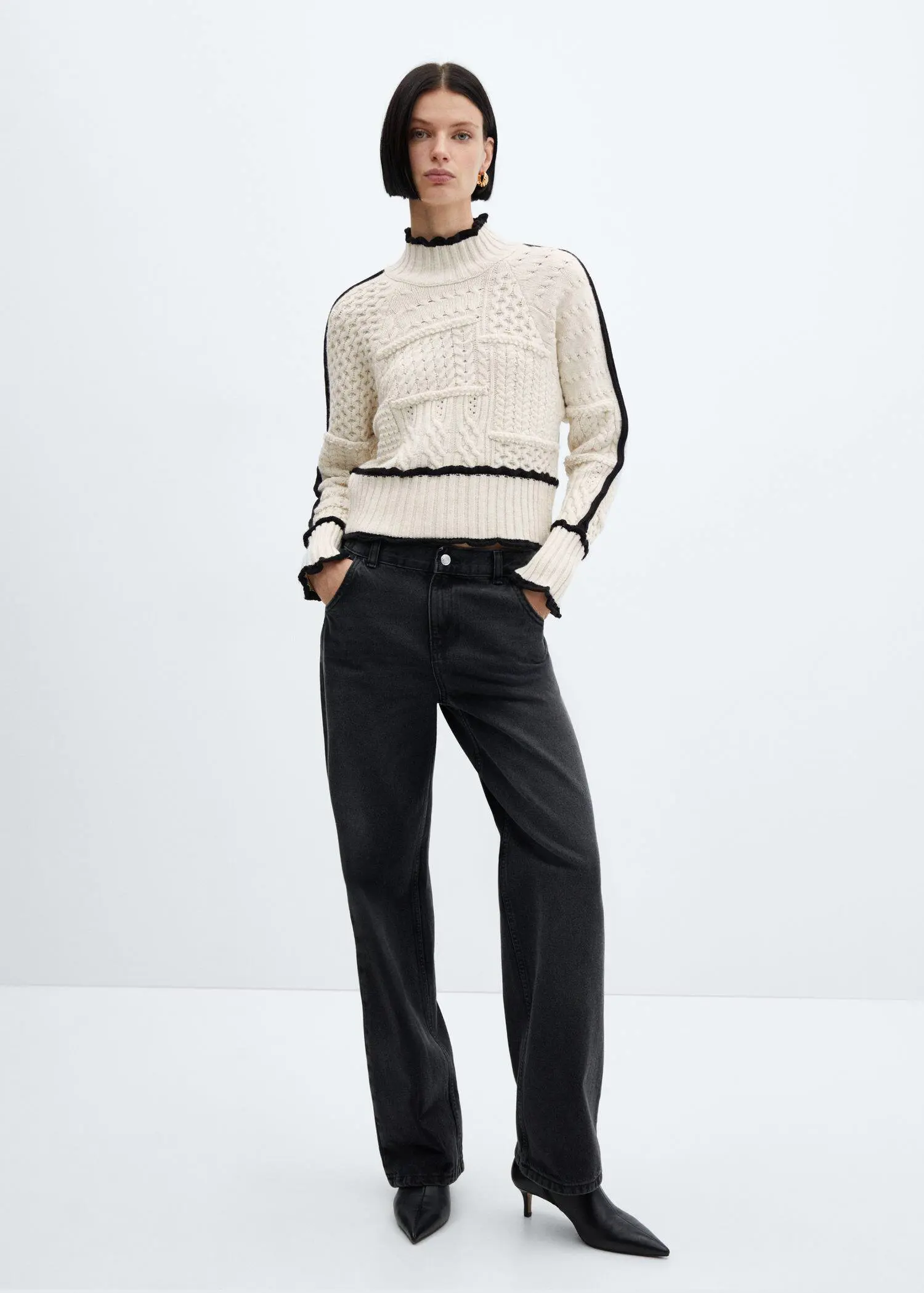 Mango Cable-knit sweater with contrasting trim. 1