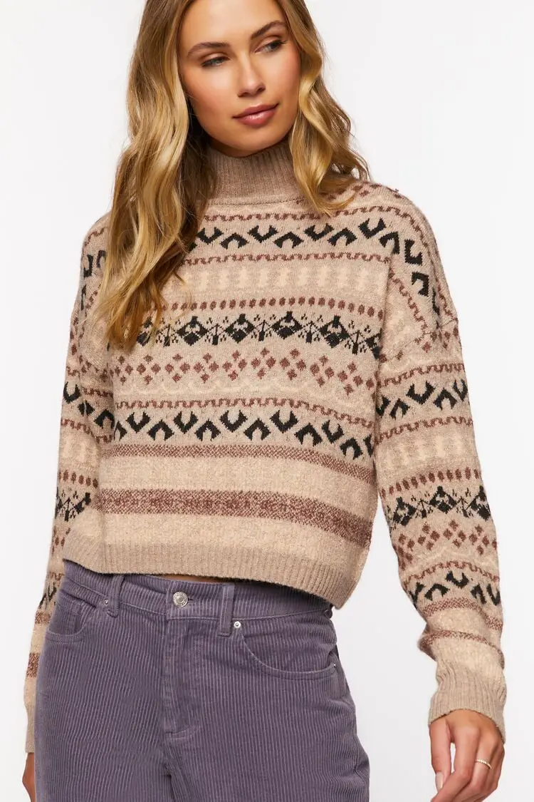 Forever 21 - Forever 21 Fair Isle Mock Neck Sweater Oatmeal/Multi