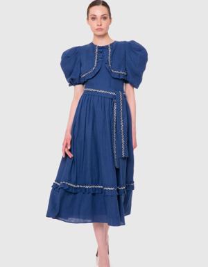 Ruffle Detailed Voluminous Sleeve Indigo Midi Dress