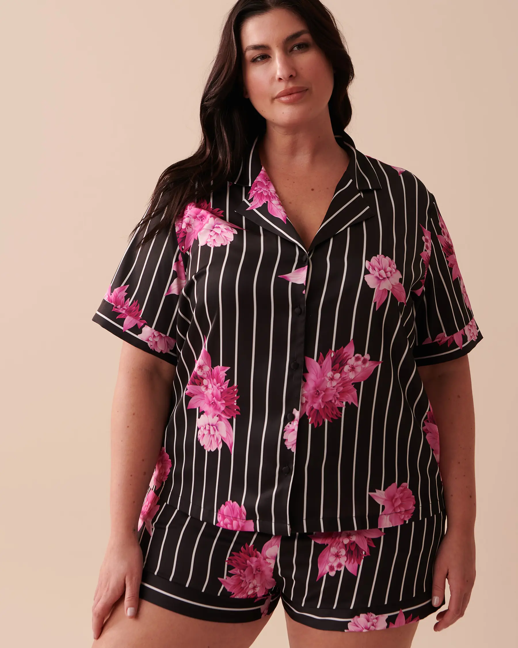 La Vie en Rose Satin Short Sleeve Button-down Shirt. 1