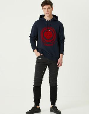 Lacivert Kırmızı Kapüşonlu Logolu Sweatshirt