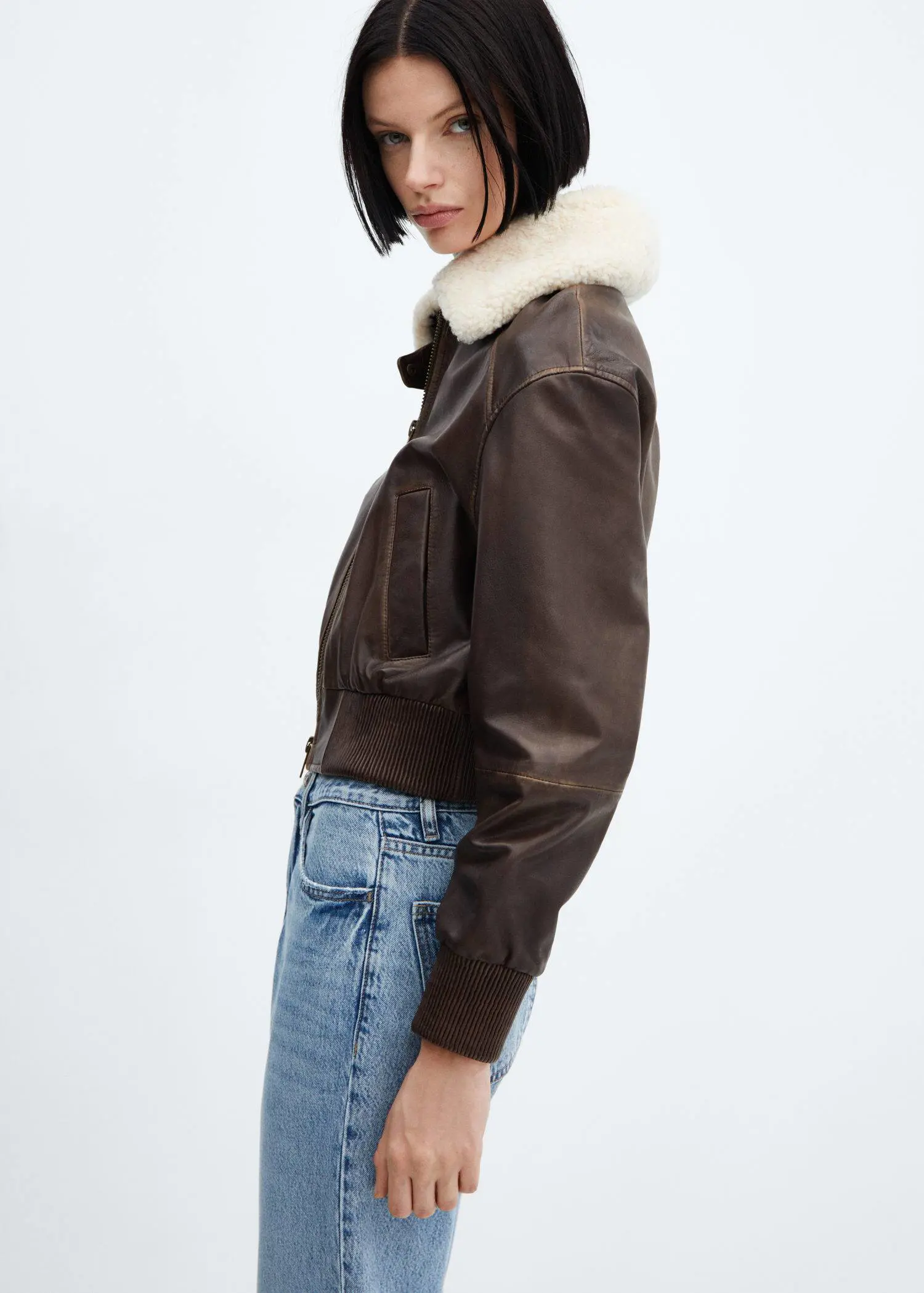Mango Leather bomber jacket with shearling collar. 2