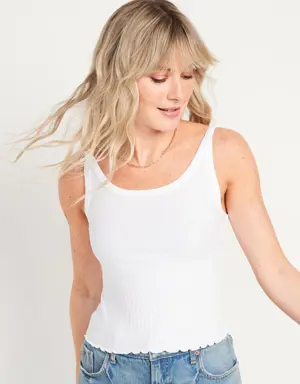 Fitted Cropped Lettuce-Edge Rib-Knit Tank Top for Women white