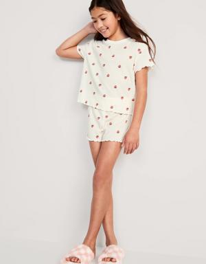 Rib-Knit Lettuce-Edge Pajama T-Shirt & Shorts Set for Girls pink