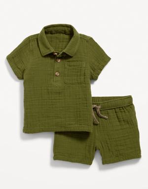 Unisex Textured Double-Weave Shirt & Shorts Set for Baby green