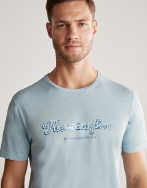 Nakış Logolu Bisiklet Yaka Mavi Pamuk T-Shirt
