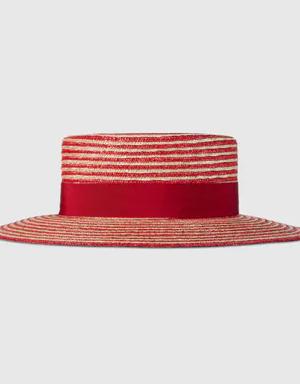 Striped raffia wide-brimmed hat