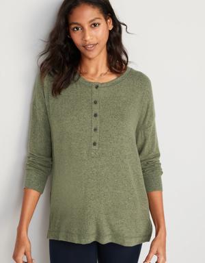 Long-Sleeve Plush-Knit Henley Tunic T-Shirt for Women green
