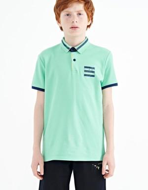 Su Yeşili Yakası Renk Bloklu Baskı Detaylı Standart Kalıp Erkek Çocuk T-Shirt - 11111