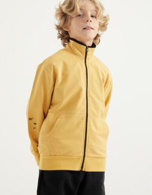 Hardal Basic Dik Yaka Nakış Detaylı Fermuarlı Standart Kalıp Erkek Çocuk Sweatshirt - 11012