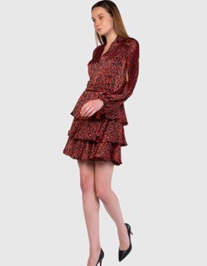 Pleat And Ruffle Detailed Patterned Mini Red Dress