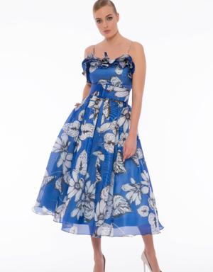 Ruffle Detailed Belted Patterned Midi Length Dress