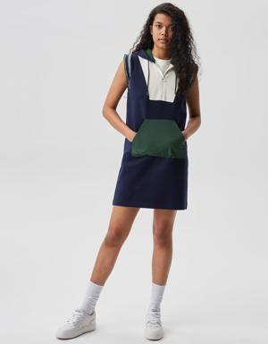 Kadın Regular Fit Kolsuz Kapüşonlu Renk Bloklu Lacivert Elbise
