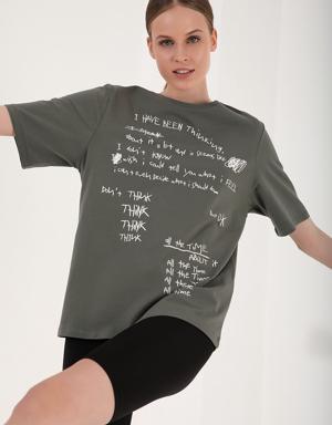 Çağla El Yazısı Baskılı O Yaka Kadın Oversize T-Shirt - 97137