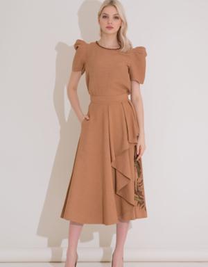 Embroidery Detailed Layered Pleated Viscose Tobacco Color Linen Skirt