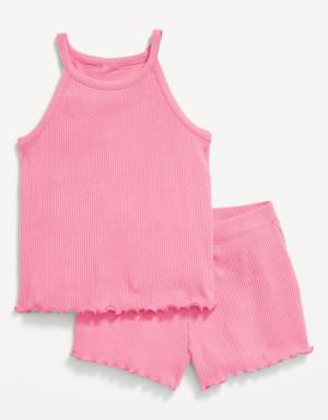 Printed Rib-Knit Lettuce-Edge Tank & Shorts Set for Toddler Girls pink