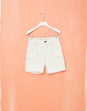 White Jean Shorts with Contrasting Stitching Detail