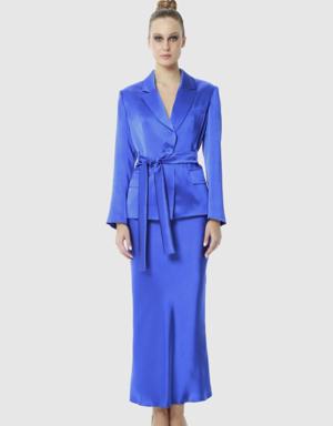 Shiny Blue Satin Suit With A Belted Blazer Jacket And A Verev Maxi Skirt