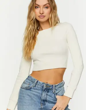 Forever 21 Ribbed Long Sleeve Crop Top Cream