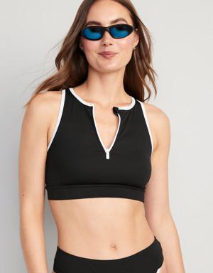 Rib-Knit Zip-Front Longline Bikini Swim Top for Women black