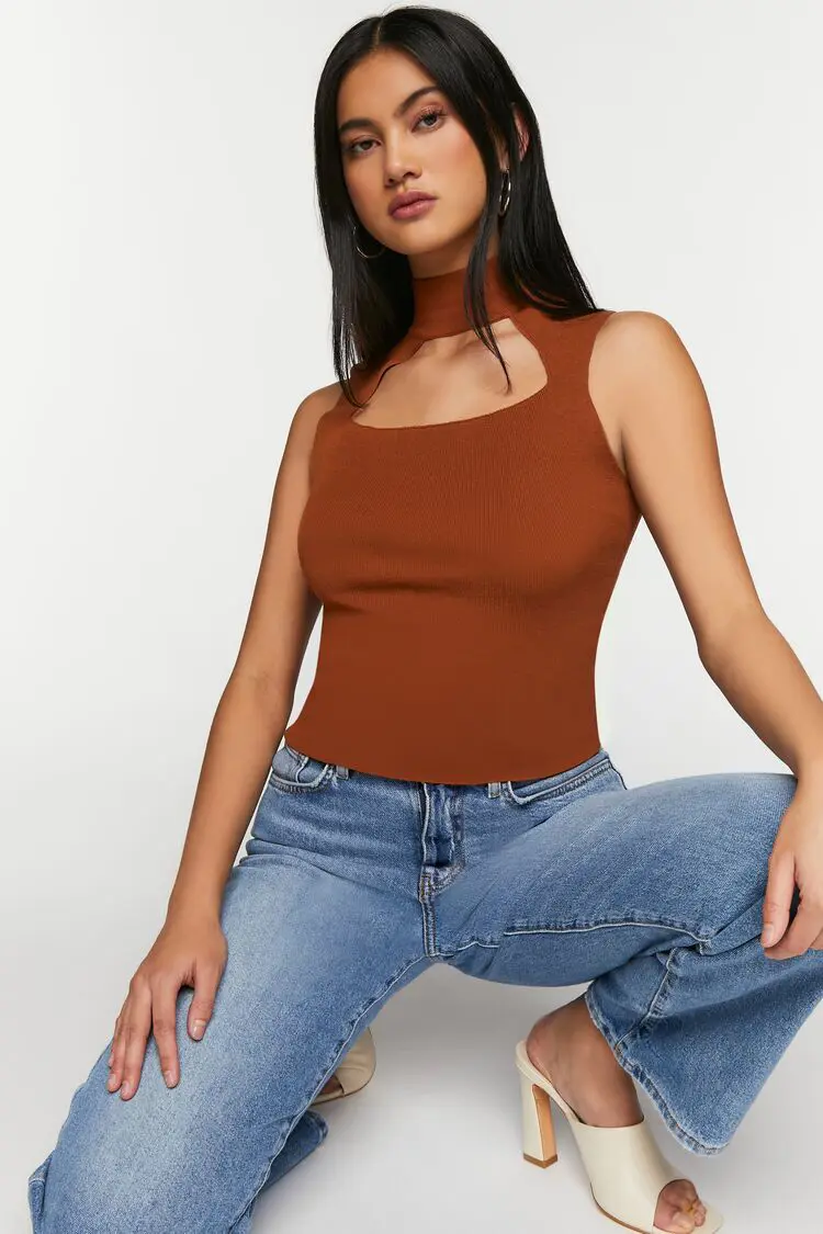 Forever 21 Forever 21 Sleeveless Mock Neck Cutout Top Brown. 1