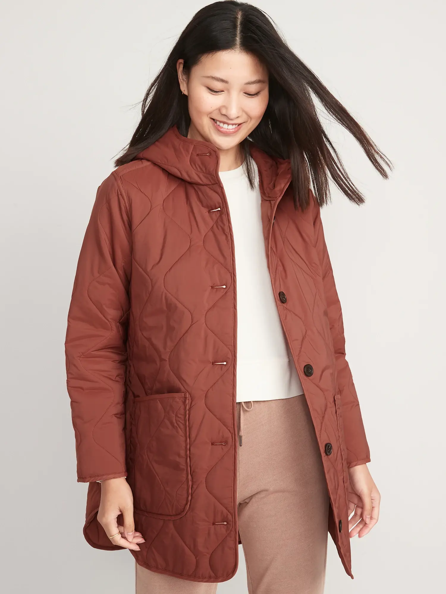 Old Navy Hooded Quilted Utility Coat for Women red. 1