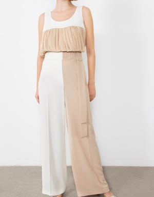 Two-Color Asymmetric Embroidered Ecru Trousers