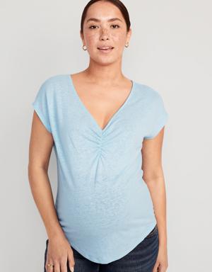 Maternity Linen-Blend V-Neck Shirred T-Shirt blue