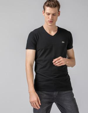 Erkek Slim Fit V Yaka Siyah T-Shirt