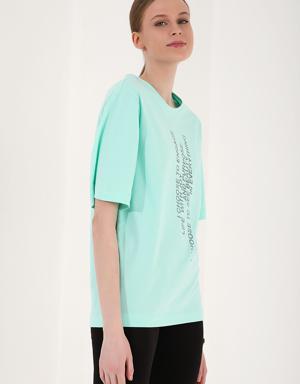 Mint Yeşili Dikey Yazı Baskılı O Yaka Kadın Oversize T-Shirt - 97138