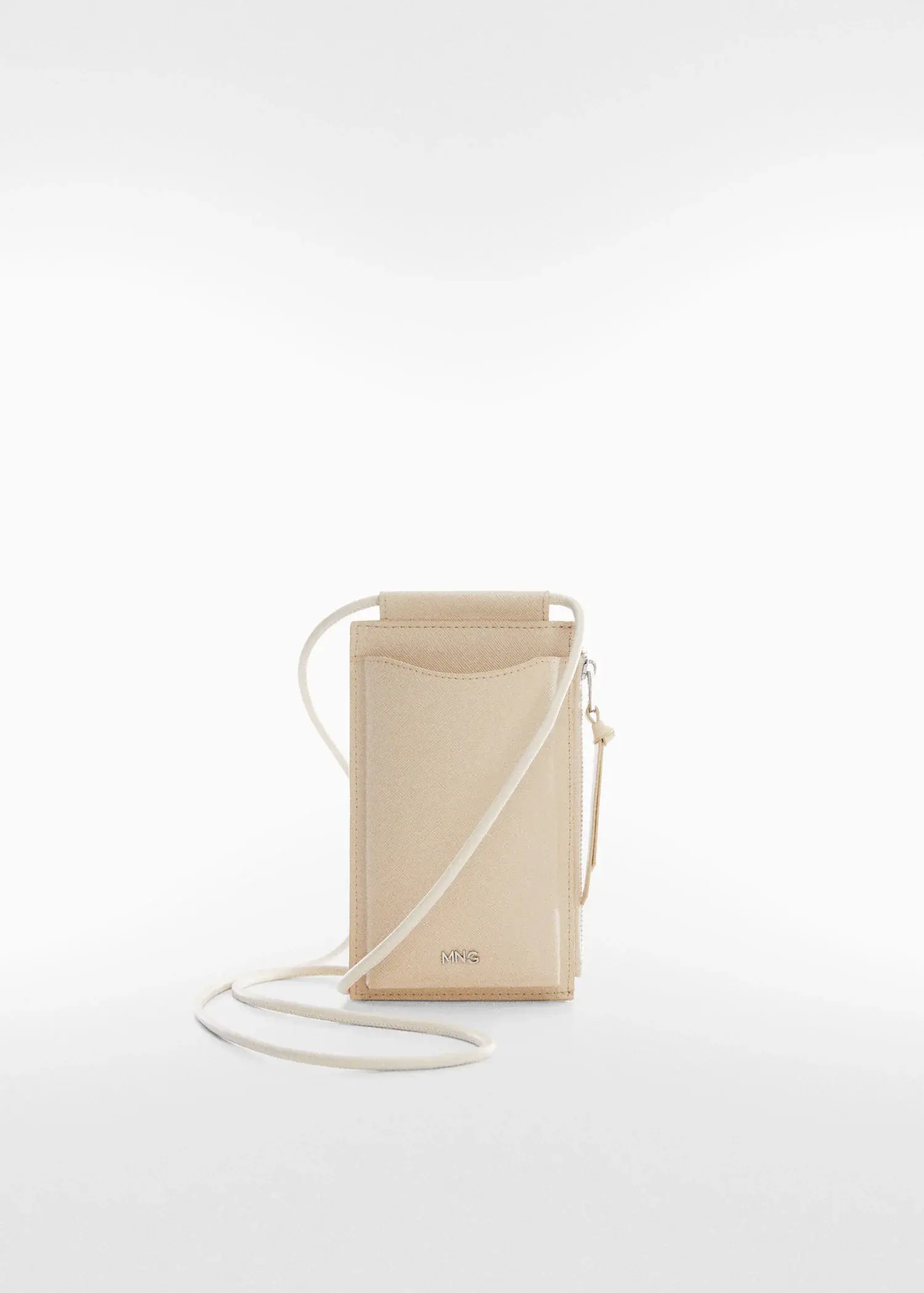 Mango Saffiano-effect mobile case. a beige purse is sitting on a white surface. 