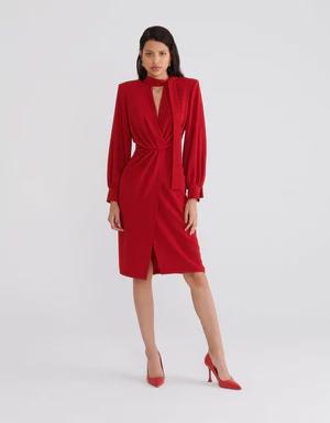 Red Slit Puff Full Sleeve Dress