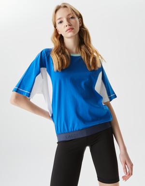 Kadın Loose Fit Bisiklet Yaka Renk Bloklu Mavi T-Shirt