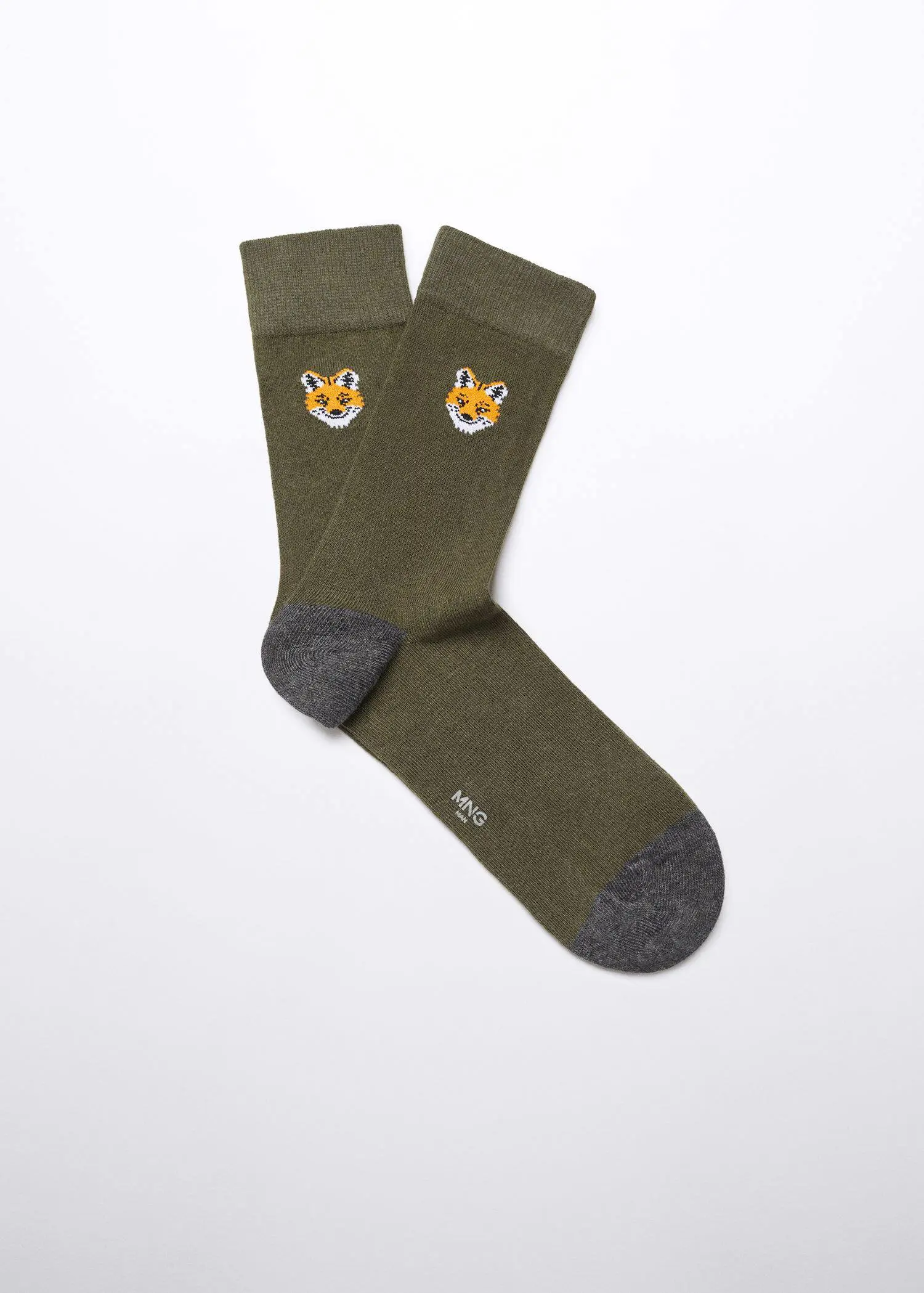 Mango Fox-embroidered cotton socks. a pair of green socks with an orange and white fox on them. 