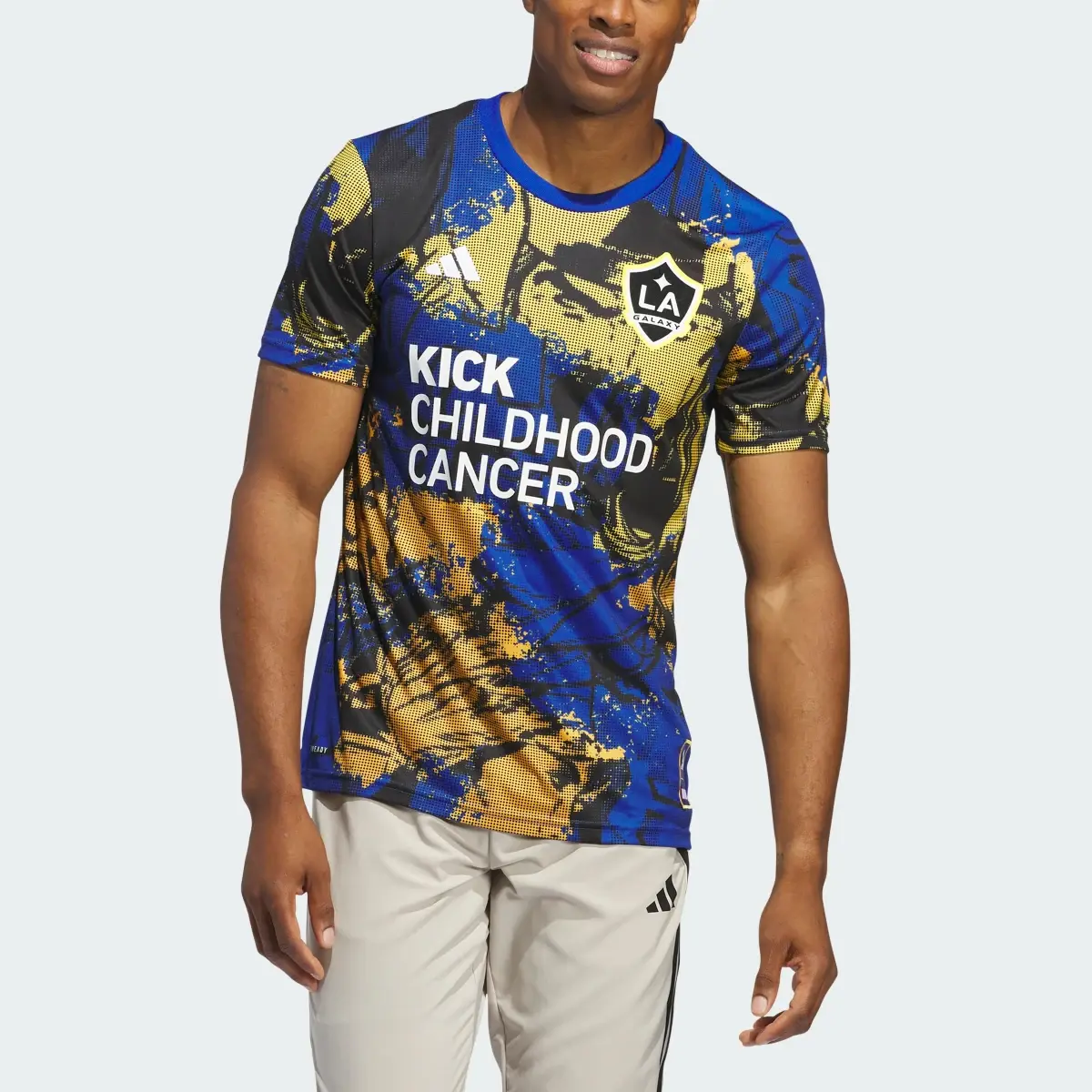 Adidas Los Angeles Galaxy Marvel MLS Kick Childhood Cancer Pre-Match Jersey. 1