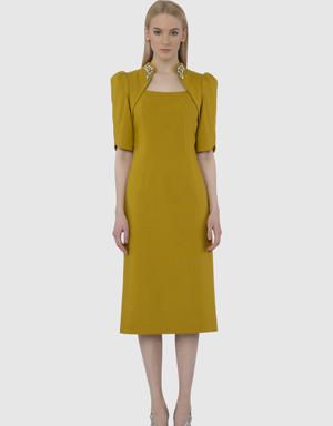 Collar Stone Embroidered Detailed Yellow Dress
