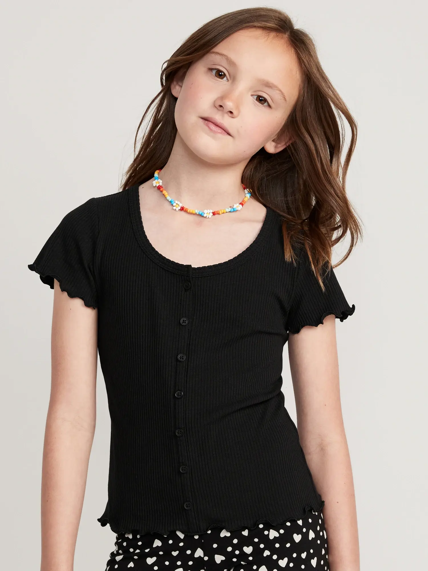 Old Navy Rib-Knit Button-Front Lettuce-Edge Top for Girls black. 1