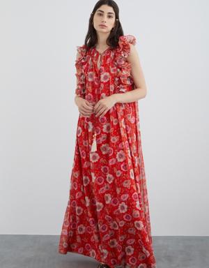 Red Chiffon Dress with Floral Pattern