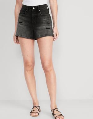 Higher High-Waisted Black-Wash A-Line Ripped Jean Shorts for Women -- 3-inch inseam black