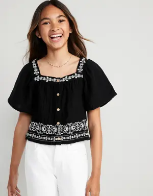 Old Navy Matching Flutter-Sleeve Button-Front Embroidered-Trim Top for Girls multi