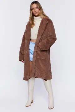 Forever 21 Forever 21 Faux Fur Chevron Duster Coat Taupe. 2