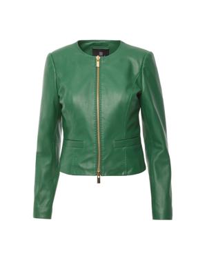 Green Leather Jacket With Slits On The Back and Double Zipper Detail