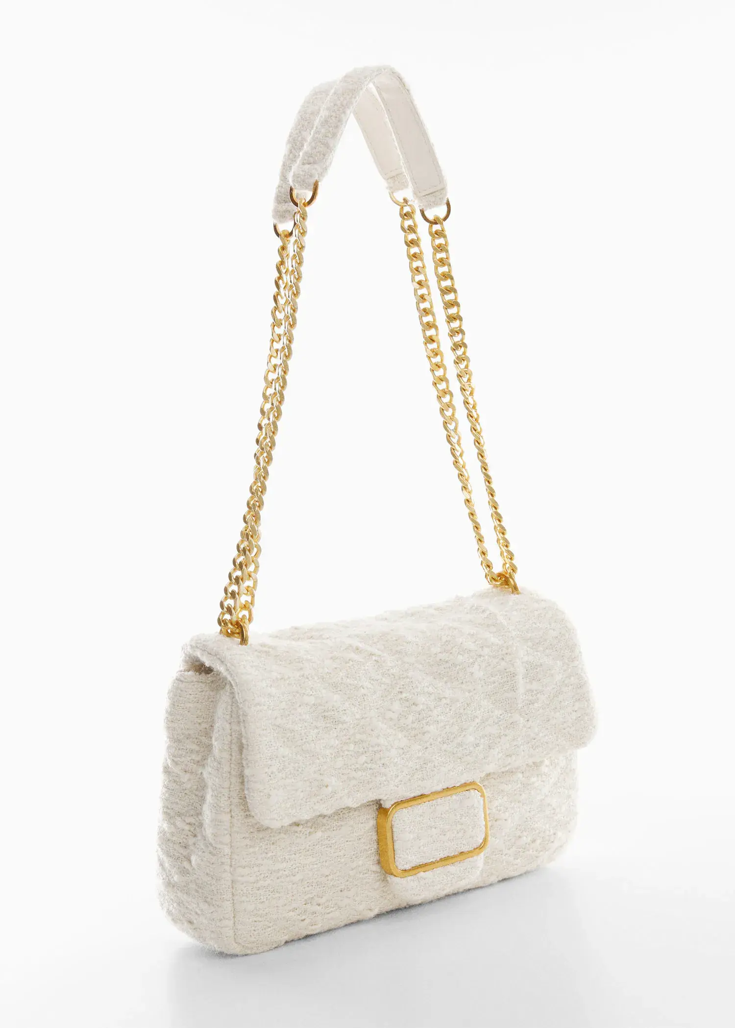 Mango Textured chain bag. a white purse with a gold chain strap. 